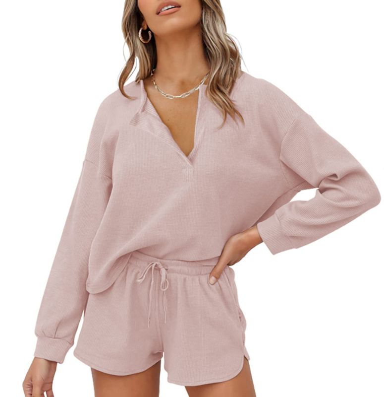 Photo 1 of Lingswallow Women Waffle Lounge Sets - Long Sleeve and Shorts Pajama Set Two Piece Outfits for Women Sweatsuits loungewear Medium Long Sleeve Light Pink - MEDIUM 