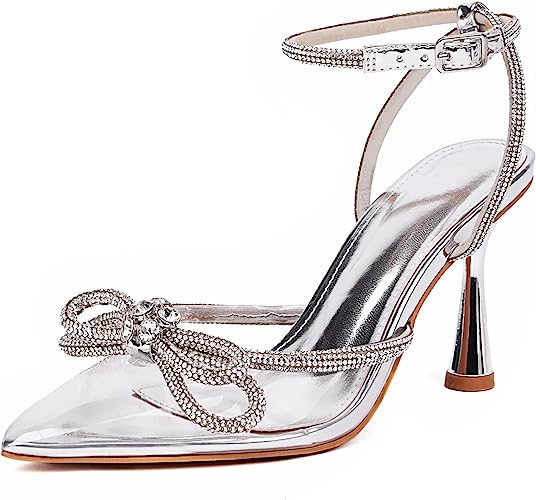 Photo 1 of ETHSIETA Womens Ankle Strap Bow Heels Pointed Toe Clear High Heel Sandals - SIZE 7
