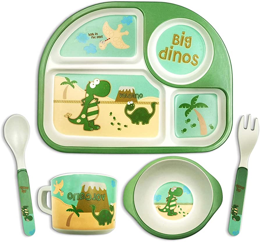 Photo 1 of Bamboo Dinosaur Plates for Kids, Dinosaur Dinnerware Set, 5Pcs