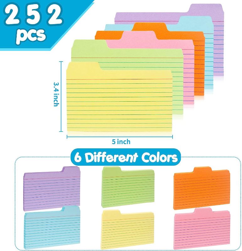 Photo 1 of Koogel 252 PCS Tabbed Index Cards, Colorful 3 x 5 Inch Flash Card Dividers Cards Ruled Notecards with Tab for Learning Note Taking To Do List
