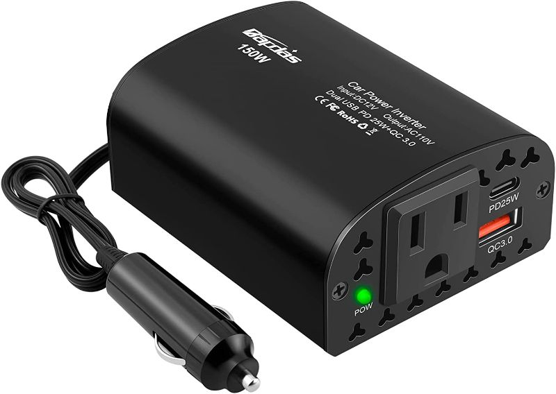 Photo 1 of Bapdas 150W Car Power Inverter DC 12V to 110V AC Car Charger Adapter 2 USB Ports (Black)