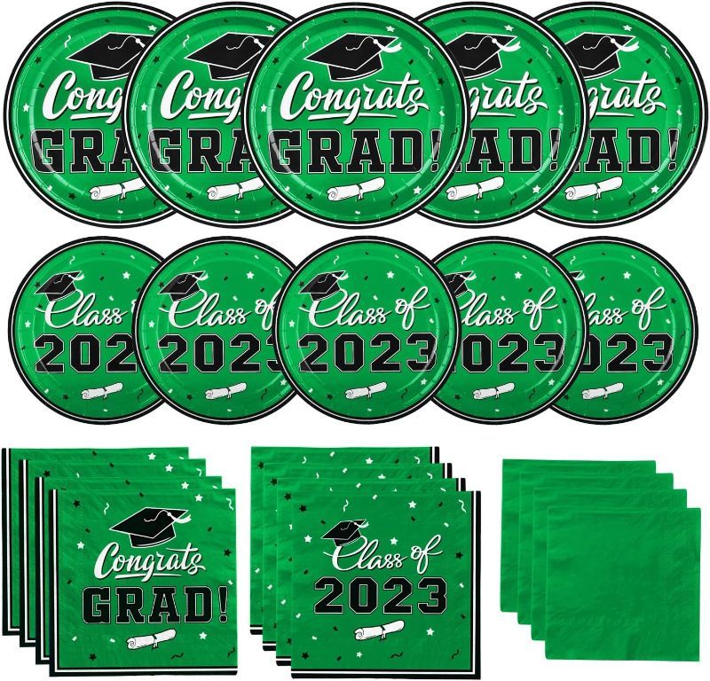Photo 1 of Gatherfun Graduation Party Plates and Napkins 2023 Graduation Party Supplies Green Disposable Paper Plates Luncheon Napkins Cocktail Napkins for Congrats Grad Party Decorations, Serve 50