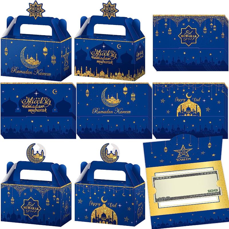 Photo 1 of 48 Pcs Eid Mubarak Envelopes Gift Boxes Set Includes 24 Pcs Eid Mubarak Treat Boxes and 24 Pcs Eid Mubarak Money and Gift Card Holders Money Envelopes for Eid Muslim Party Supplies