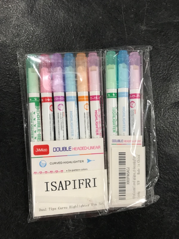 Photo 2 of ISAPIFRI 9 Pcs Colored Curve Highlighter Pen Set, Dual Tip Curve Pens, 6 Different Shapes and Colors, for Teenagers Kids Students Marking, Writing, Drawing, Coloring