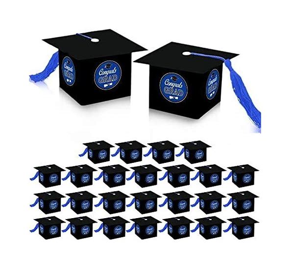 Photo 1 of 30 Pieces Graduation Cap Favor Boxes Graduation Cap Gift Box with Tassel Graduation Party Supplies Graduation Gift Candy Boxes Doctoral Cap Shape Treat Boxes for Graduation Party Decor (Black, Blue)