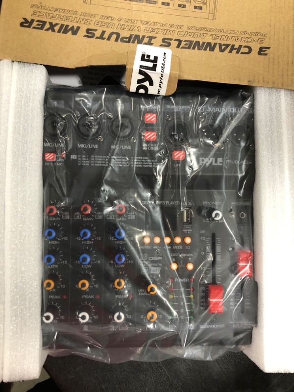 Photo 1 of Pyle Professional Bluetooth DJ Audio Mixer - 3 - Channel DJ Controller Sound Mixer w/DSP 16 Preset Effects, USB Interface, 3 Mic/Line Input, Built-in FX Processor MP3 Player, Headphone Jack -PMX462 3 Channel Audio Mixer
