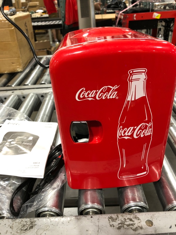 Photo 2 of Coca-Cola Classic Coke Bottle 4L Mini Fridge w/ 12V DC and 110V AC Cords, 6 Can Portable Cooler, Personal Travel Refrigerator for Snacks Lunch Drinks Cosmetics, Desk Home Office Dorm, Red