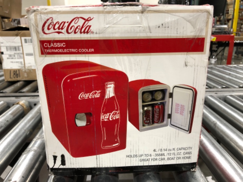 Photo 5 of Coca-Cola Classic Coke Bottle 4L Mini Fridge w/ 12V DC and 110V AC Cords, 6 Can Portable Cooler, Personal Travel Refrigerator for Snacks Lunch Drinks Cosmetics, Desk Home Office Dorm, Red