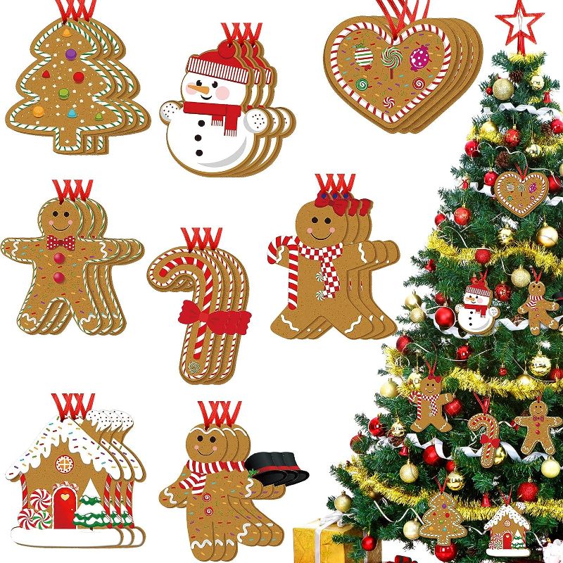 Photo 1 of 24 Pieces Gingerbread Man Christmas Ornaments Wooden Christmas Tree Decoration Set Hanging Gingerbread House Decorations Assorted Small Decor for Xmas Tree Rustic Candy Cane Holiday Decorations