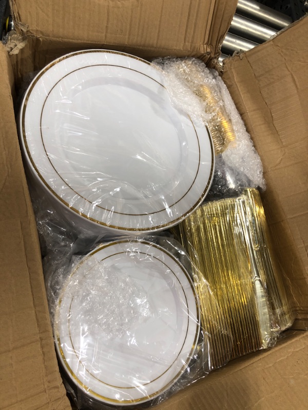 Photo 2 of 600 Piece Gold Dinnerware Set 100 Guests, Disposable Gold Rim Plates, 100 Dinner Plastic Plates, 100 Salad Gold Plates, 100 Gold Plastic Silverware, 100 Gold Plastic Cups Wedding Birthday Parties