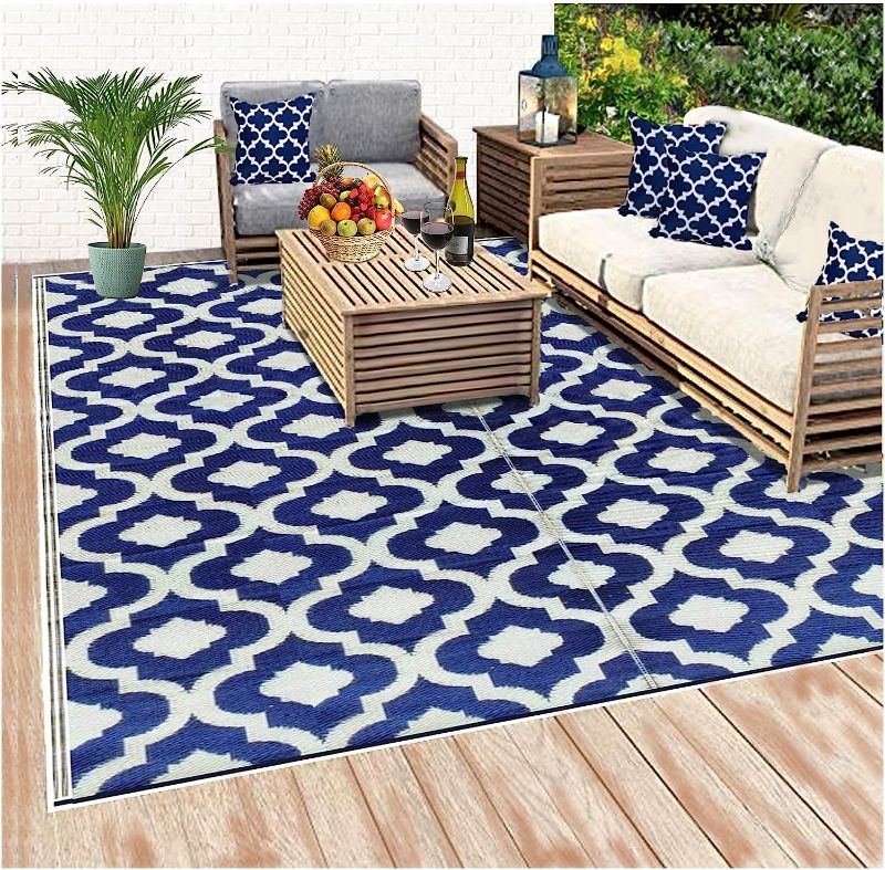 Photo 1 of  Blue, reversible Recycled Plastic straw Outdoor Patio Rugs Clearance Waterproof Large RV Camper Rug 11FT LONG