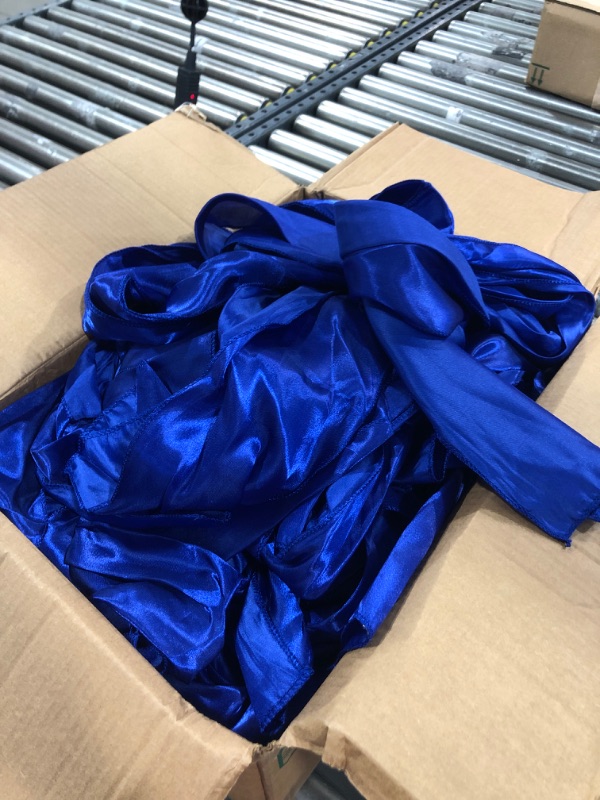 Photo 2 of 10 Pieces Satin Table Runners and 50 Pieces Satin Chair Sashes Bows Chair Ribbon Bows 12 x 108 Inch Satin Silk Table Runner for Wedding Banquet Party Event Decoration (Blue)