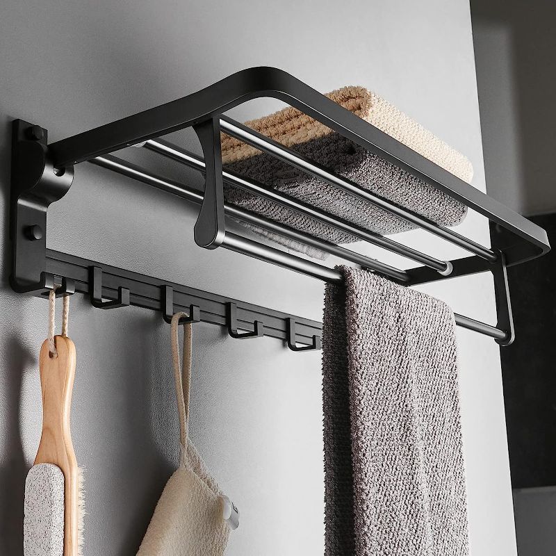 Photo 1 of  Towel Rack Wall Mount for Bathroom with Towel Bar and Hooks 23.6 in Foldable Towel Shelf Lavatory Towel Organizer Matte Black
