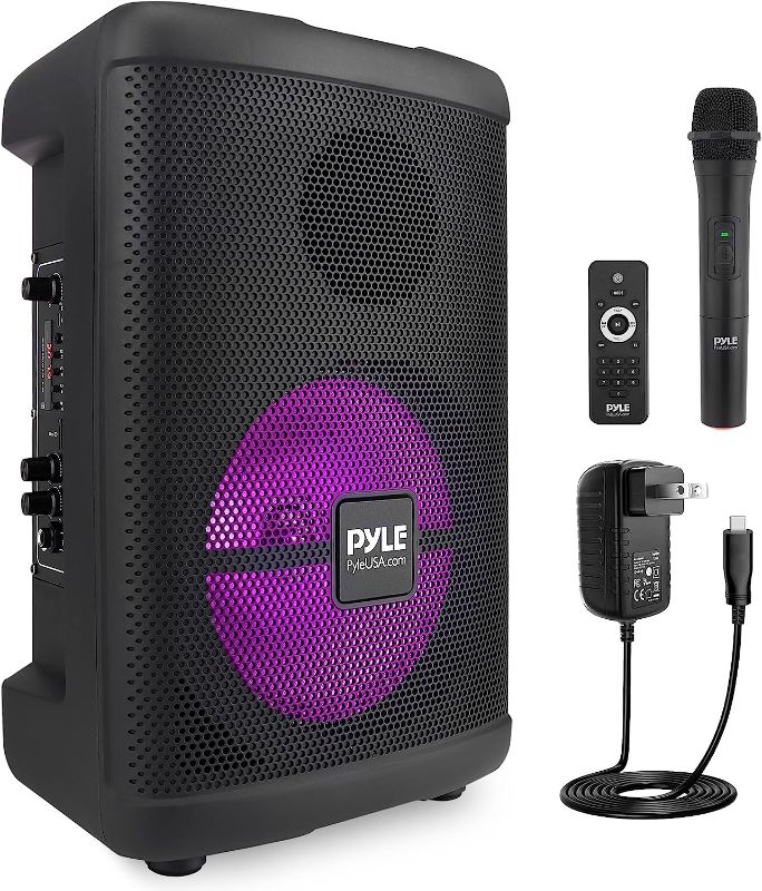 Photo 1 of Pyle Portable Bluetooth PA Speaker-240W 8” Rechargeable Indoor/Outdoor BT Karaoke Audio System-TWS, Party Lights, LED Display, FM/AUX/MP3/USB/SD, 6.5mm in, Carry Handle-Wireless Mic, Remote Control
