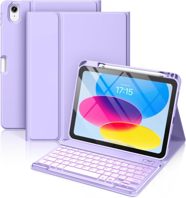Photo 1 of  iPad 10th Generation Case with Keyboard 10.9 Inch - 7 Colors Backlit Wireless Detachable Folio Keyboard Cover with Pencil Holder for New iPad 10th Gen 2022 (Purple) with mouse matching
