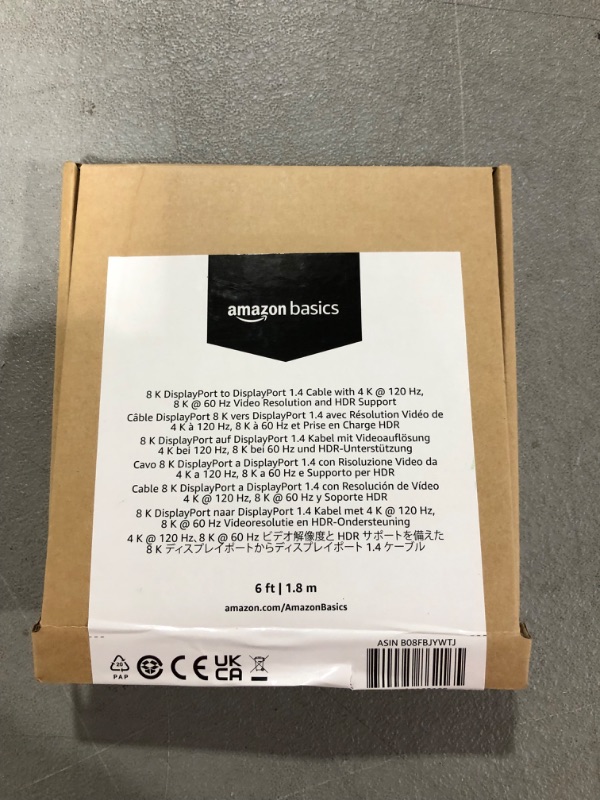 Photo 1 of Amazon Basics 8K DisplayPort to DisplayPort 1.4 Cable with 4K@120Hz, 8K@60Hz Video Resolution, and HDR Support, 6 Feet 6 Feet Cable