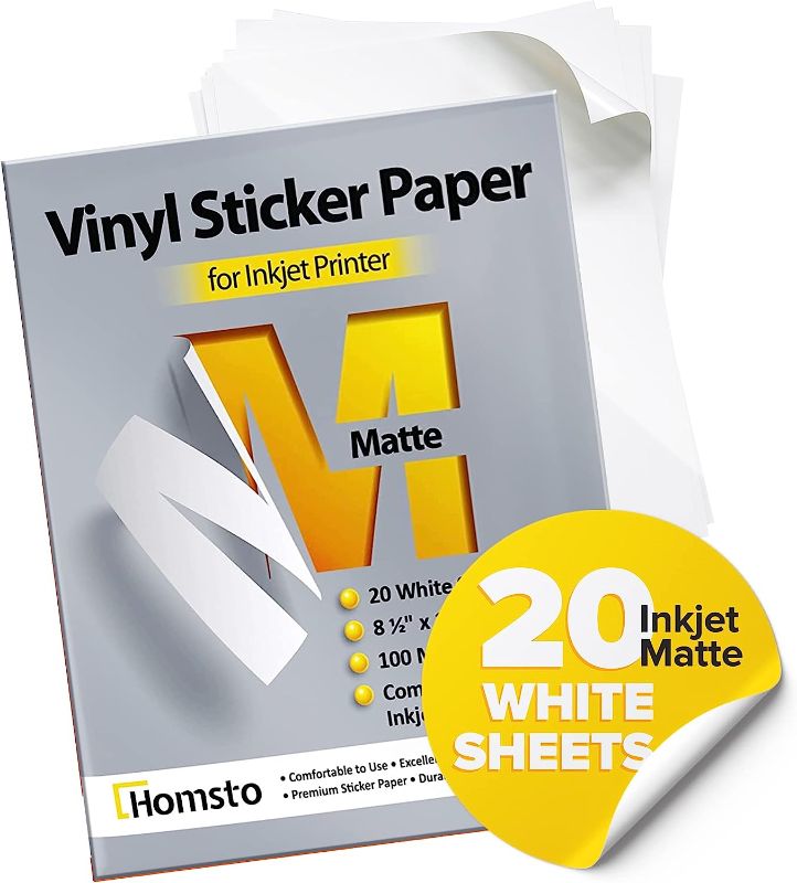 Photo 1 of Homsto Vinyl Sticker Paper, Matte Printable Vinyl Sticker Paper for Inkjet Printer, Quick-Drying, Water and Scratch-Resistant, Self-Adhesive for Most Surfaces, 8.5 x 11 Inches, 20 Sheets