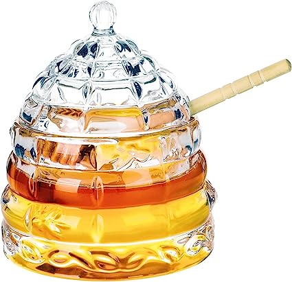 Photo 1 of 1500 C Tabletop Bee-hive Glass Honey Jars with Dipper and Lid 10 oz. Crystal Clear Heavy Glass Honey Pot Honey Containers Holder for Jam Jelly Syrup Home& Kitchen
