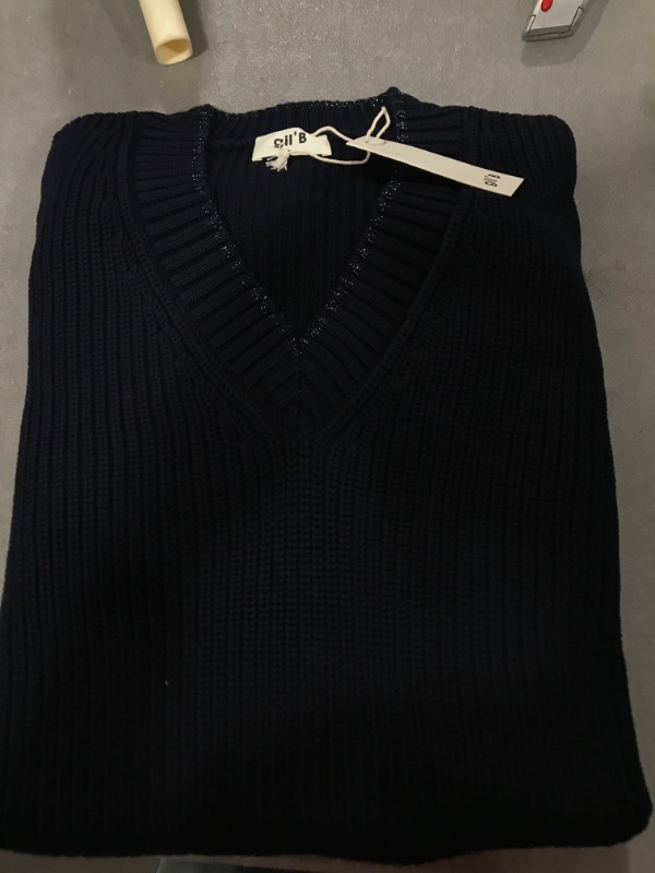Photo 1 of Gil' B 100% Cotton Midweight Knitted V Neck Bell Sleeve Sweater Navy Medium