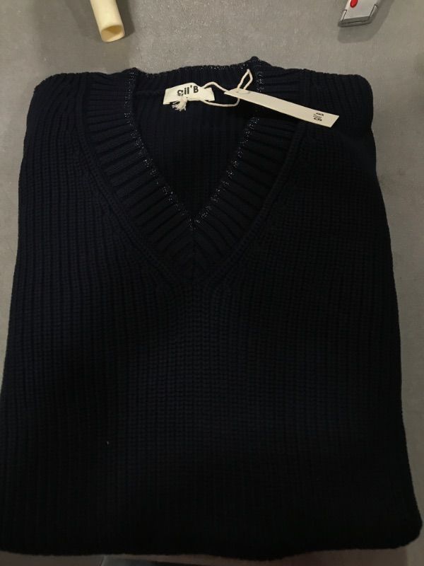 Photo 2 of Gil' B 100% Cotton Midweight Knitted V Neck Bell Sleeve Sweater Navy Medium 