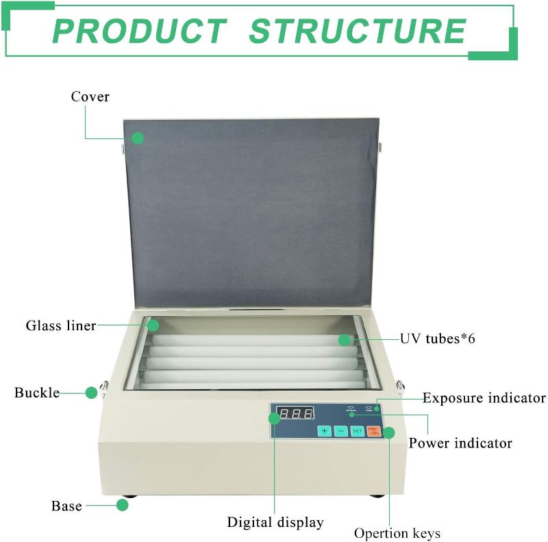 Photo 1 of KUNHEWUHUA 8.3x10.2 in UV Exposure Unit Screen Printing Exposure Machine for Hot Foil Pad Printing PCB with 8 pcs A4 Photopolymer Plates 6x8W lamp LCD 110V
