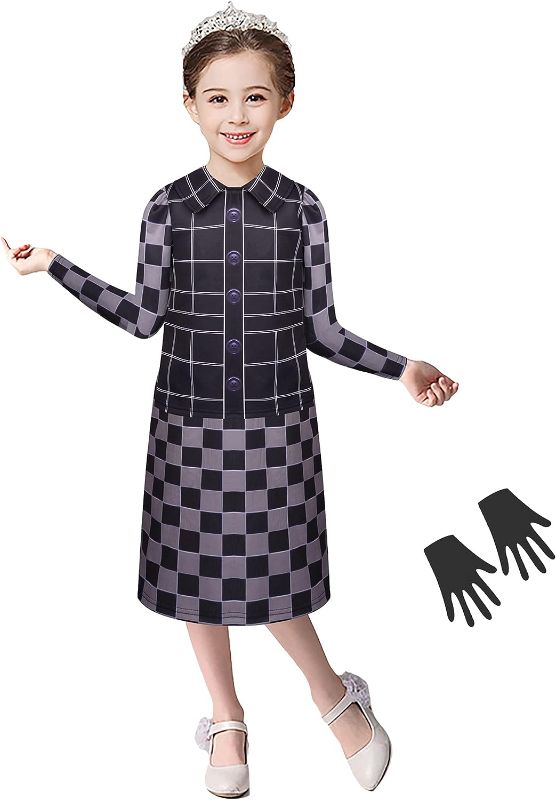 Photo 1 of Cruella Deville Costume for Kids Girls Evil Queen Costumes Plaid Dress & Glove Cosplay for Halloween Party Outfit 6-7 Years