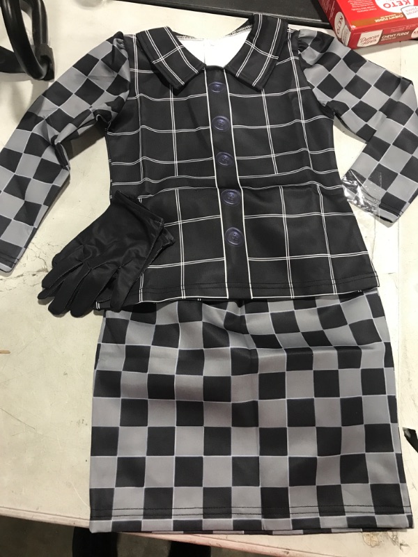 Photo 2 of Cruella Deville Costume for Kids Girls Evil Queen Costumes Plaid Dress & Glove Cosplay for Halloween Party Outfit 6-7 Years