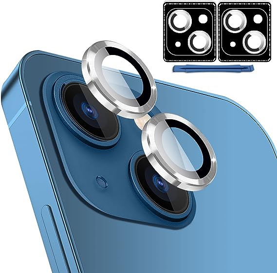 Photo 1 of Set of 2- QsmQam [2+2 Pack Camera Lens Protector for iPhone 14 6.1" & iPhone 14 Plus 6.7", Individual Metal Ring Tempered Glass Camera Cover, Ultra HD,Anti-Scratch, with Installation and Removal Aids(Silver)
