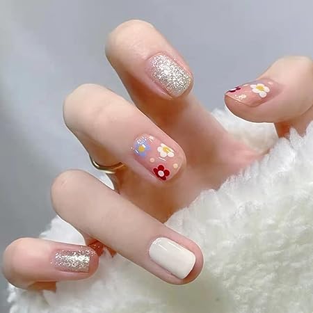 Photo 1 of 24Pcs Cute Short Press on Nails White Pink Flower Glitter Summer Spring Full Cover Acrylic Fake Nails Home DIY for Women and Girls Nail Art Decoration Glossy Tips False Nail Salon Manicure with Design
