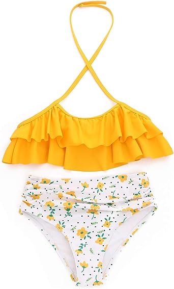 Photo 1 of XUNYU Girls Swimsuit Falbala High Waisted Bathing Suit Halter Neck Bikini Swimwear 11-12Y