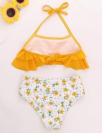 Photo 1 of XUNYU Girls Swimsuit Falbala High Waisted Bathing Suit Halter Neck Bikini Swimwear 11-12Y