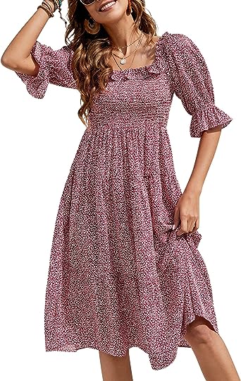 Photo 1 of Clearlove Women Square Neck Smocked Puff Short Sleeve Dress Flowy Cottagecore Floral Tiered Midi Beach Dresses Size M