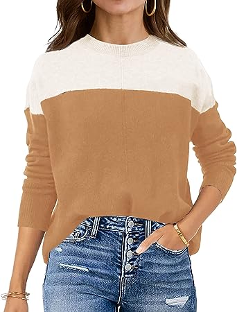 Photo 1 of Doshoop Women's Crewneck Color Block Sweaters Long Sleeve Casual Knit Pullover Sweater Jumpers Size XL