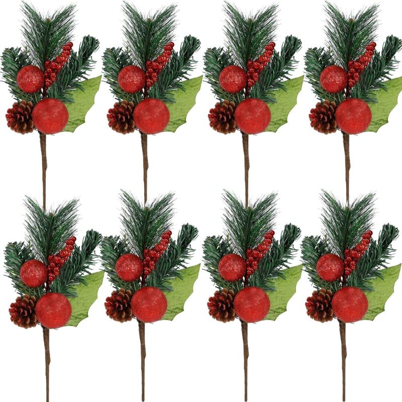 Photo 1 of 8Pcs Christmas Stems Artificial Flowers Bouquet, 11.4'' Christmas Floral Picks with Pine Cones, Poinsettia, Pine Picks Branches for Vase Harvest Wedding Christmas Centerpiece Home Decor 