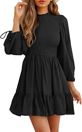 Photo 1 of BEZEKC Dresses for Women 2022 Long Sleeve Mock Neck Chiffon Wedding Guest Dress Cute Casual Romper Tunic Casual A-Line Flowy Black Mini Dresses Size XL