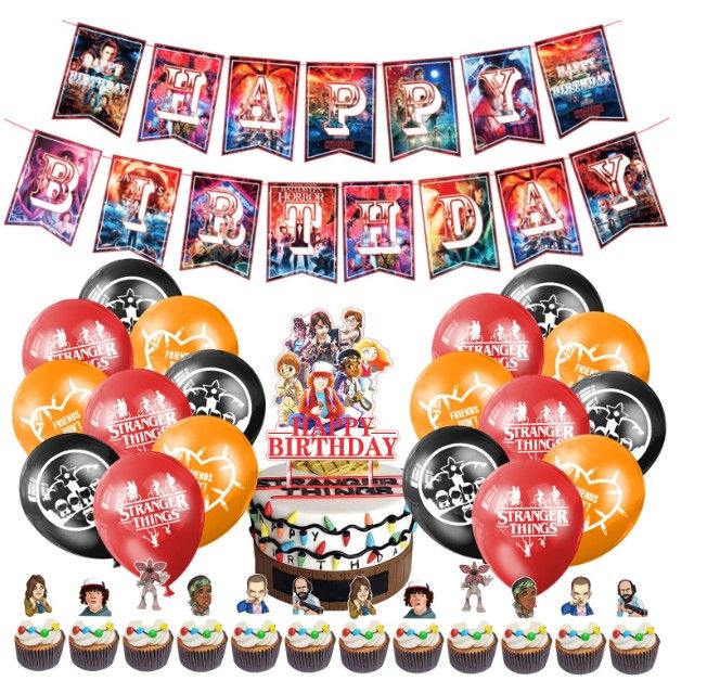 Photo 1 of 49pcs Movie Party Supplies Include Happy Birthday Banner, Latex Balloons, Tablecloth, Cake Topper, Cupcake Toppers, Birthday Party Decoration Set for Boys Girls Free Size Stranger Things Theme