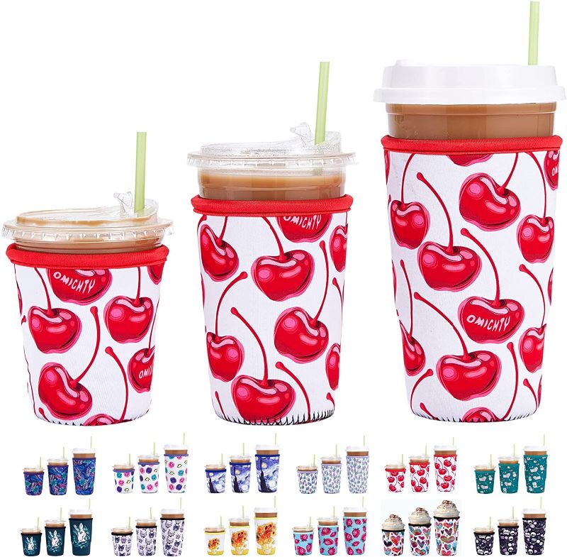 Photo 1 of 3 Pack Reusable Neoprene Insulator Iced Coffee Cup Sleeve, Cold Drink Cup Holder for Starbucks Coffee, McCafe, Dunkin Donuts, Tim Hortons and More, (Cherry-S/M/L) 