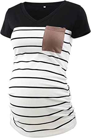 Photo 1 of Ecavus Women's Casual Maternity Tops Short & Long Sleeve V Neck Colorblock Pregnancy T-Shirt with Pocket Medium