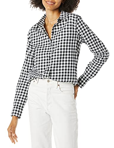 Photo 1 of Amazon Essentials Women's Classic-Fit Long-Sleeve Lightweight Plaid Flannel Shirt, Black/White, Mini Buffalo Plaid, Medium
