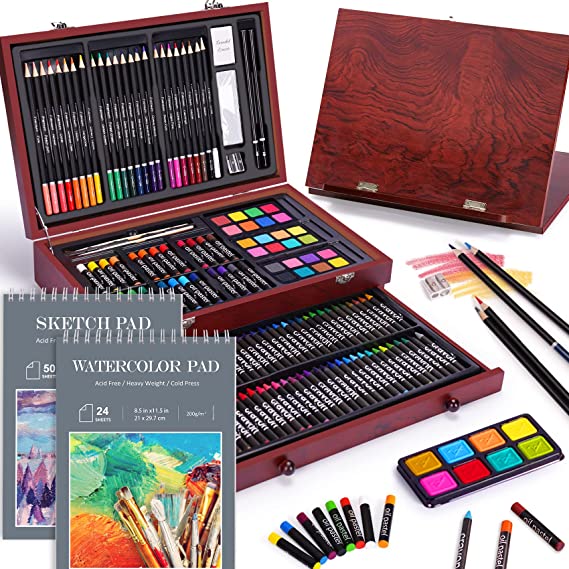 Photo 1 of 146 Piece Deluxe Art Set with Easel, Wooden Art Box with 2 Drawing Pad, Drawing Kit with Crayon,Oil Pastel,Colored Pencil,Watercolors Cake, Creative Gift Box Art Supplies for Artist Adults Teens Kids