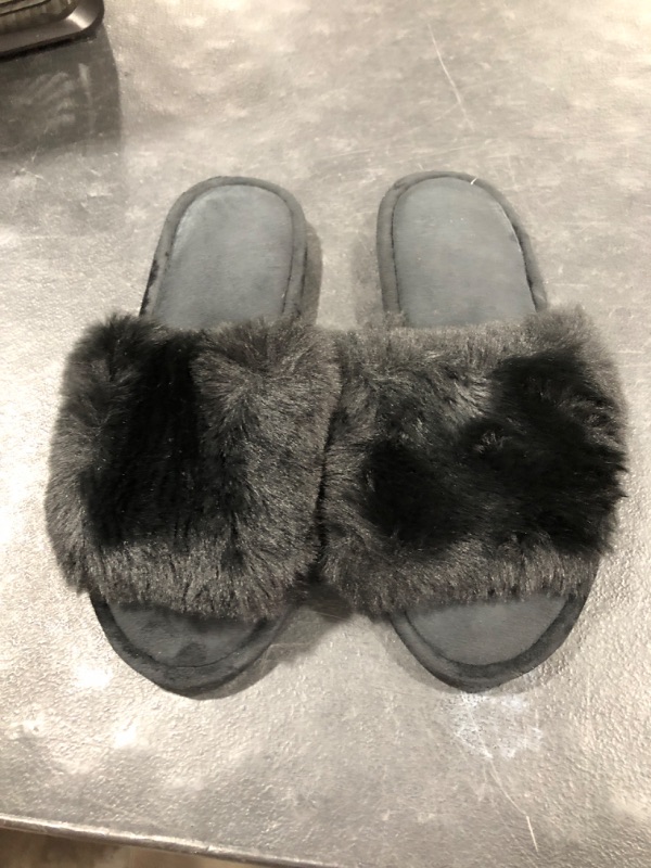 Photo 2 of Women's Faux Fur Slippers Fuzzy Flat Spa Fluffy Open Toe House Shoes Indoor Outdoor Slip on Memory Foam Slide Sandals Size 9 Black
