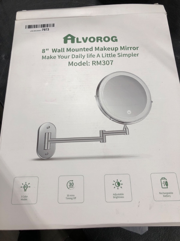 Photo 3 of ALVOROG Rechargeable Wall Mounted Lighted Makeup Mirror 8 Inch Double Sided Vanity Mirror with 3 Color Lights 1X/5X Magnifying Mirror 0.5H Intelligent Shutdown Dimming 360 Rotation Bathroom Mirror