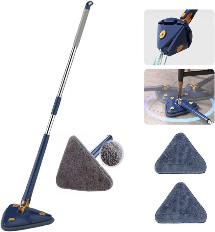 Photo 1 of 2023 New 360° Rotatable Adjustable Cleaning Mop with 2 Mop Replacement Heads, Triangle Cleaning Mop for Walls and Ceilings, Microfiber Ecloth Mop Wet and Dry for Bathroom Floor Wall Bed Bottom (Blue) 