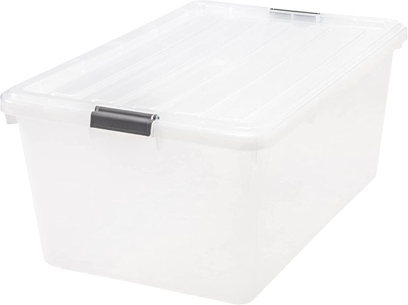 Photo 1 of IRIS USA 68 Qt. Large Storage Bin with Buckle Down Lid, 1-Pack, Sturdy and Versatile Organizer Utility Tote Container Box for Seasonal Clothes Blankets Decoration Long Term Storage, Clear
