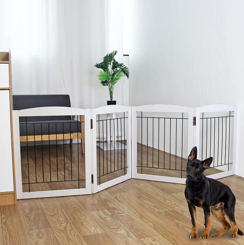 Photo 1 of ZJSF Freestanding Foldable Dog Gate for House Extra Wide Wooden White Indoor Puppy Gate Stairs Dog Gates Doorways Tall Pet Gate 4 Panels Fence 80‘’W x 24''H
