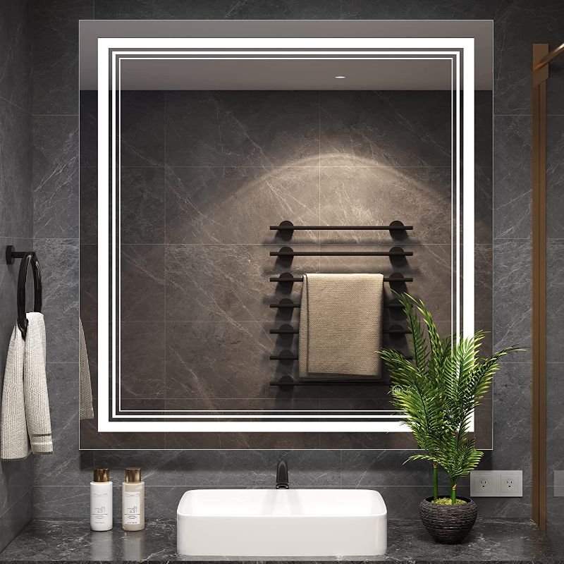 Photo 1 of 36 x 36 Inch LED Mirror for Bathroom,Anti-Fog Dimmable Square Vanity Mirror Wall Mounted Makeup Mirror with 6000K High Lumen (Vertical & Horizontal) Housewarming Gift