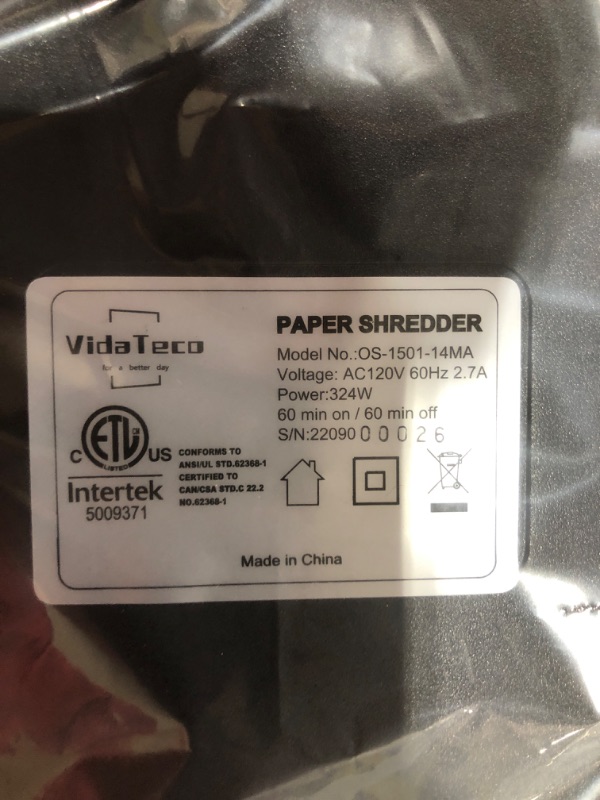 Photo 1 of Paper Shredder for Home Office,VidaTeco 14-Sheet 60-Mins Micro Cut Shredder with US Patented Blade,Shred Card/CD/Clip/Staple,Shredder for Home Use Heavy Duty,AUTO Jam Proof,5.3-Gallon Pullout Bin(ETL) P4 14 Sheet