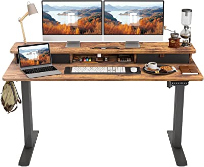 Photo 1 of FEZIBO Height Adjustable Electric Standing Desk with Double Drawer, 55 x 24 Inch Stand Up Table with Storage Shelf, Sit Stand Desk with Splice Board, Black Frame/Rustic Brown Top