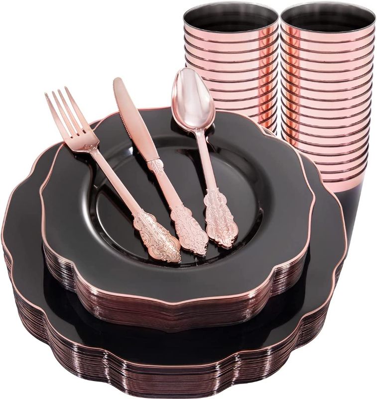 Photo 1 of 30 Guest Clear Black Plastic Plates With Rose Gold Silverware & Disposable Plastic Cups-