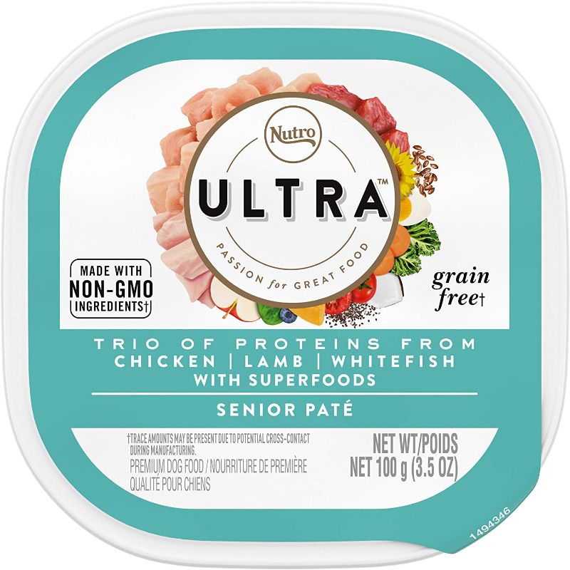 Photo 1 of NUTRO ULTRA Senior Grain Free Soft Wet Dog Food, Trio of Proteins Chicken, Lamb & Whitefish Paté with Superfoods, (24) 3.5 oz. Trays
BEST BY APRIL 2023